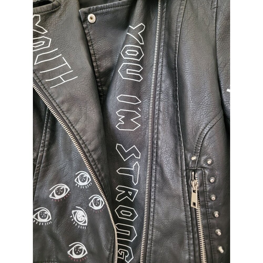 BLUE B Black Vegan Leather Graffiti Punk Moto Jacket w/Studded Accents Size S - Picture 8 of 13